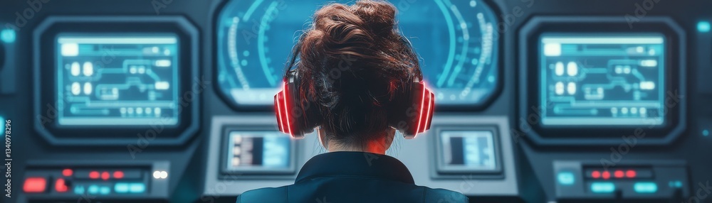 Cyberpunk female submarine commander, neon-lit dashboard, deep-sea exploration Cyberpunk female submarine commander, neon-lit dashboard, deep-sea exploration