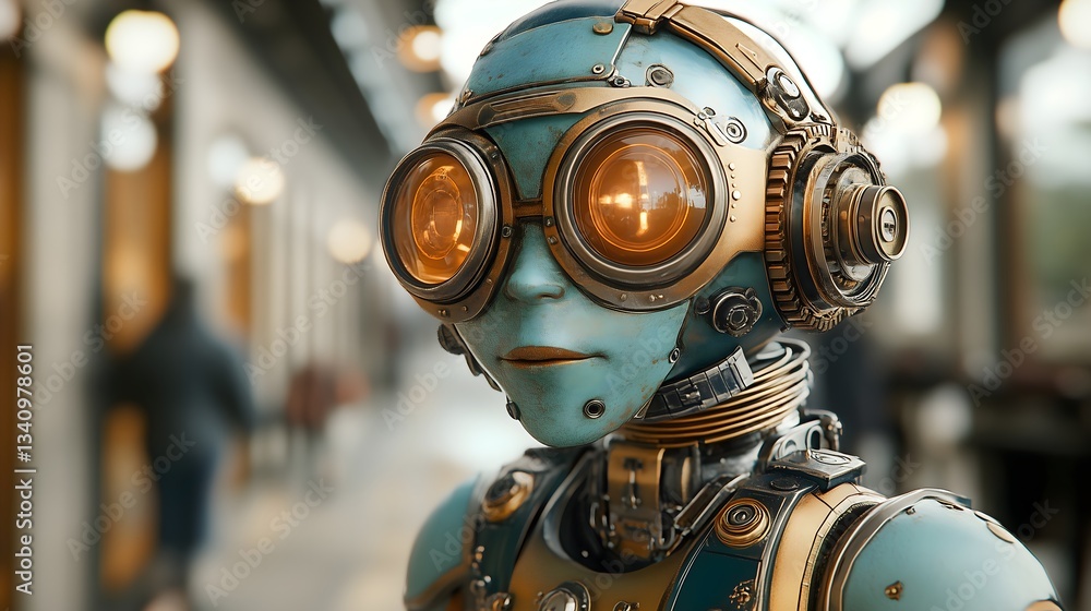 Fototapeta premium Steampunk robot features intricate gears and glowing eyes in an industrial space with a vintage aesthetic