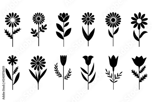 Black silhouette floral icons. Collection of flower silhouettes, rose, lily, tulip, daisy, bell, dandelion, chrysanthemum, iris, wildflower, leaves, black color, isolated on a white background.