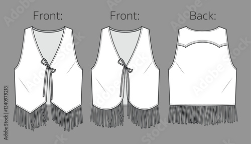 Vector sleeveless jacket with tassel trim fashion CAD, summer woman vest with fringe technical drawing, template, flat, sketch. Suede or woven fabric 2 pcs set vest with front, back view, white color