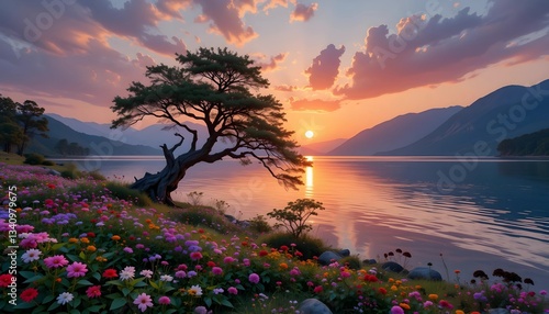 A tree stands beside a serene lake, surrounded by colorful flowers in full bloom.
