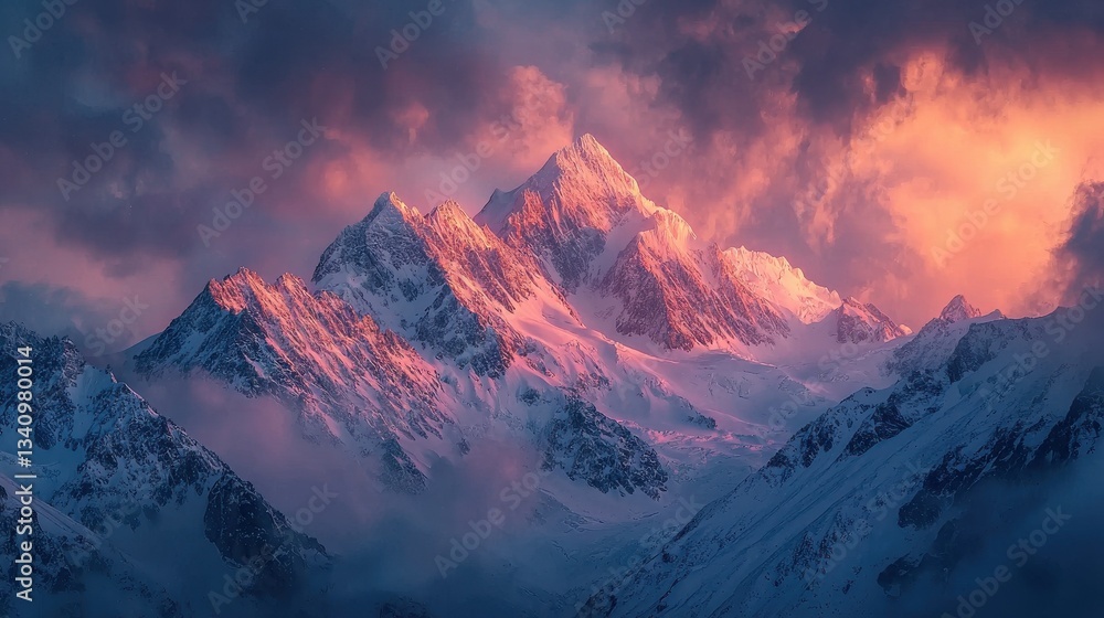 Mountain range during sunset with snow-covered peaks and dramatic clouds in the sky Copy Space Mountain range during sunset with snow-covered peaks and dramatic clouds in the sky Copy Space