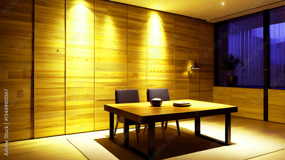 Fototapeta premium Minimalist Japanese interior, warm wood paneling, low table, tatami mats, ambient lighting