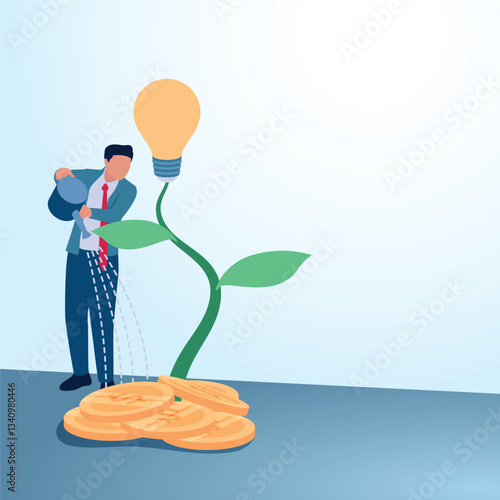 A man watering money that blooms the lamp of ideas. A metaphorical illustration for business expansion, franchise development and expanding business.