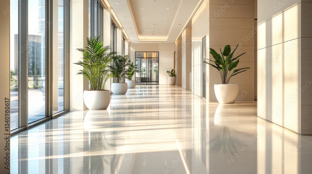 Quiet hallway in a corporate skyscraper, with polished floors and modern decor Quiet hallway in a corporate skyscraper, with polished floors and modern decor