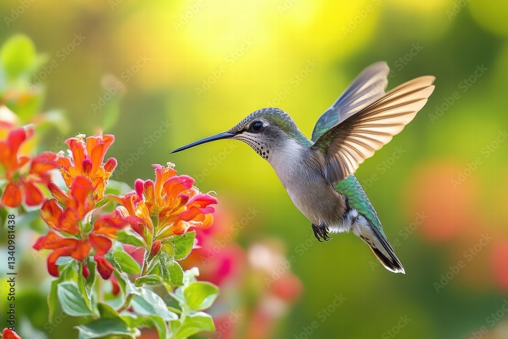 Hummingbird hovering near a vibrant red flower Hummingbird hovering near a vibrant red flower