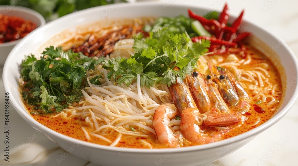An intricate Malaysian laksa bowl featuring a spicy coconut broth, rice noodles, and fresh herbs with vibrant garnishes --ar 16:9 --v 6.1 Job ID: 2982a964-e24c-4a22-a10f-b73195fe6ce8 An intricate Malaysian laksa bowl featuring a spicy coconut broth, rice noodles, and fresh herbs with vibrant garnishes --ar 16:9 --v 6.1 Job ID: 2982a964-e24c-4a22-a10f-b73195fe6ce8