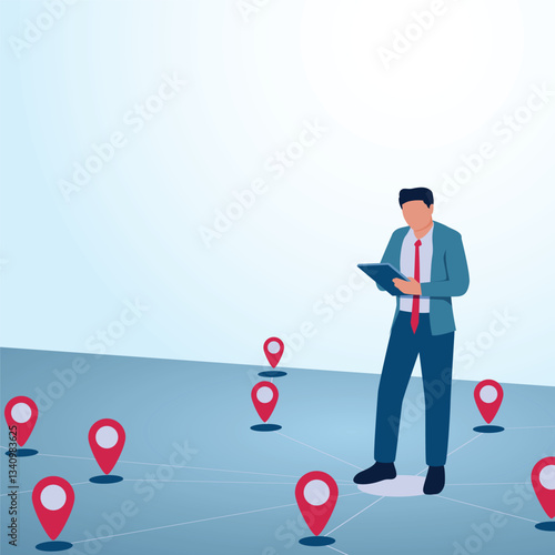 A man holds a report and location pins scattered around. A metaphorical illustration for business expansion, franchise development and expanding business.