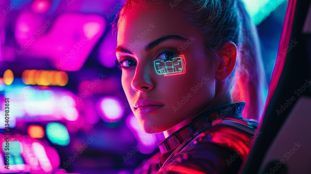 Futuristic female spaceship captain in a neon-lit cockpit, holographic controls reflecting on her face Futuristic female spaceship captain in a neon-lit cockpit, holographic controls reflecting on her face