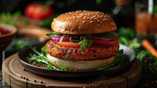 hamburger on a plate with vegetables
