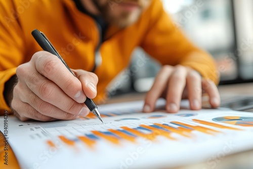 Man Analyzes Financial Data on Charts and Graphs at Desk Using Pen, Identifying Key Insights for Business Growth and Success