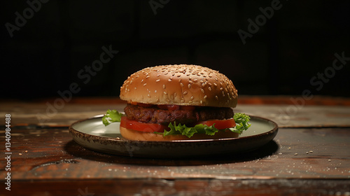 hamburger on a wooden table