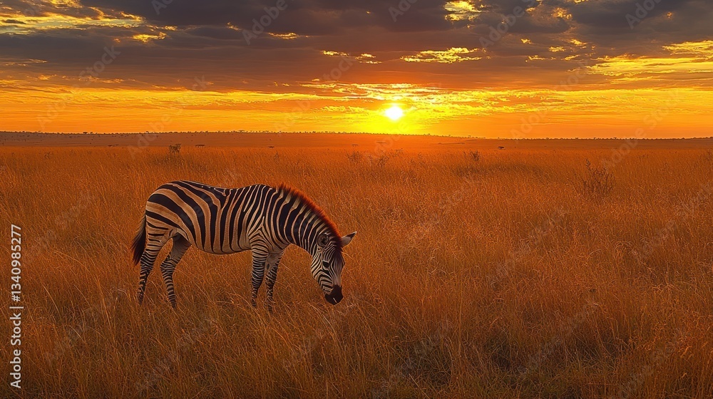 Fototapeta premium Zebra grazing in golden savanna at sunset.