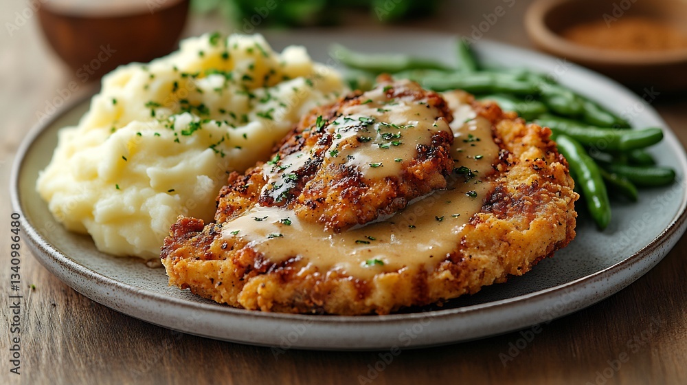 American style chicken fried steak mashed potatoes and gravy garnished with green beans served on a white plate comfort food for lunch or dinner American style chicken fried steak mashed potatoes and gravy garnished with green beans served on a white plate comfort food for lunch or dinner