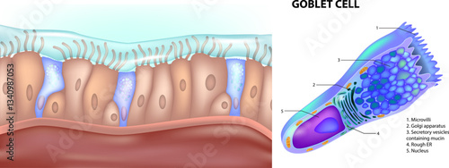 Epithelial Tissue with Goblet Cells. Goblet Cell Structure Illustration. Mucus Secreting. Human Goblet Cell Anatomy Educational Chart