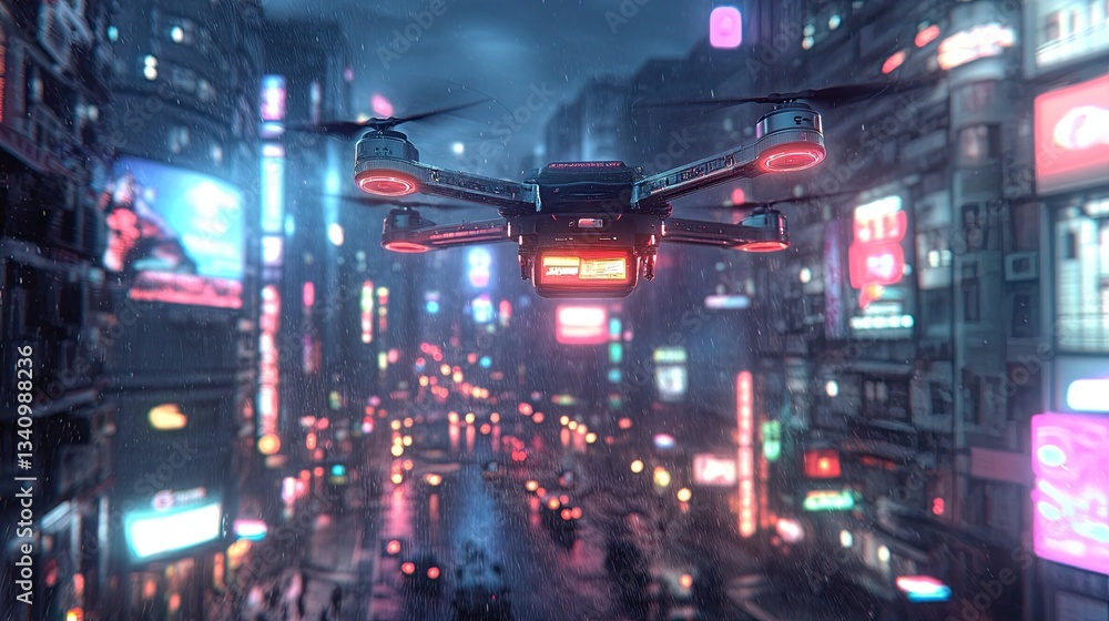 A flying drone delivering packages through a futuristic metropolis bathed in neon light. A flying drone delivering packages through a futuristic metropolis bathed in neon light.
