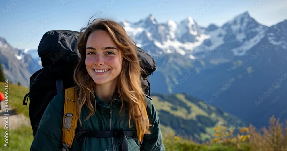 Smiling young woman hiker with backpack in scenic alpine landscape, bright sunlight, green hills, snow-capped mountains in background Smiling young woman hiker with backpack in scenic alpine landscape, bright sunlight, green hills, snow-capped mountains in background