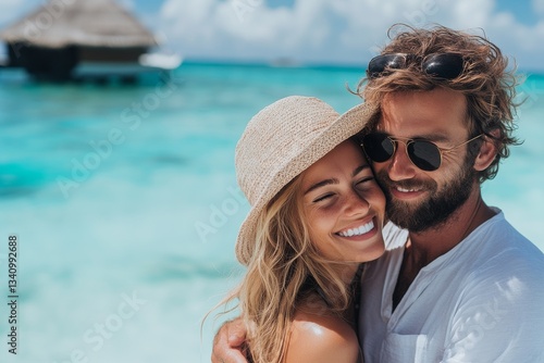 Fototapeta Naklejka Na Ścianę i Meble -  Portrait of a young caucasian couple smiling together in a paradise beach in Maldivas.
