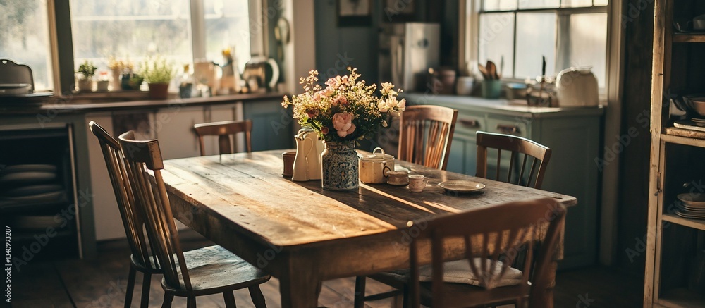 Rustic kitchen table with flowers and sunlight.