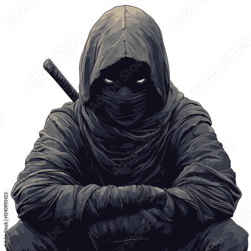 A ninja sitting in a crouched position, wearing a dark hooded cloak and a mask, with glowing eyes and a sword on his back, conveying a calm yet intimidating presence
