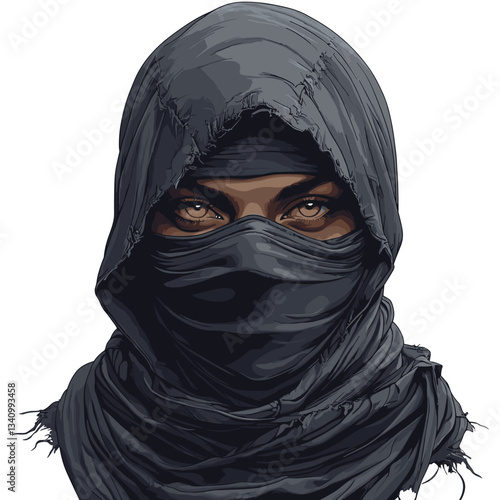 A detailed illustration of a ninja wearing a black hooded cloak, with only his intense eyes visible, creating a mysterious and powerful appearance
