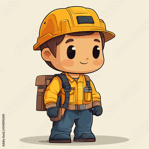 A cute cartoon illustration of a young construction worker wearing a yellow hard hat, orange safety vest, and work gloves, ready for action with a backpack