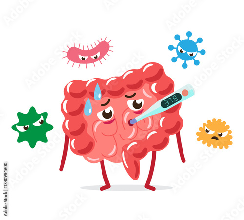 Gastroenteritis . Intestine cartoon character with bacterial cell . White isolated background . Vector .