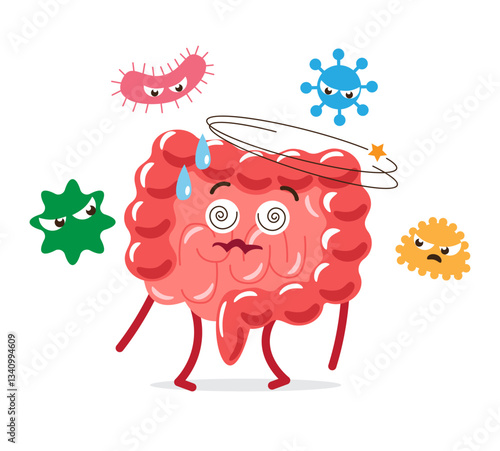 Gastroenteritis . Intestine cartoon character with bacterial cell . White isolated background . Vector .