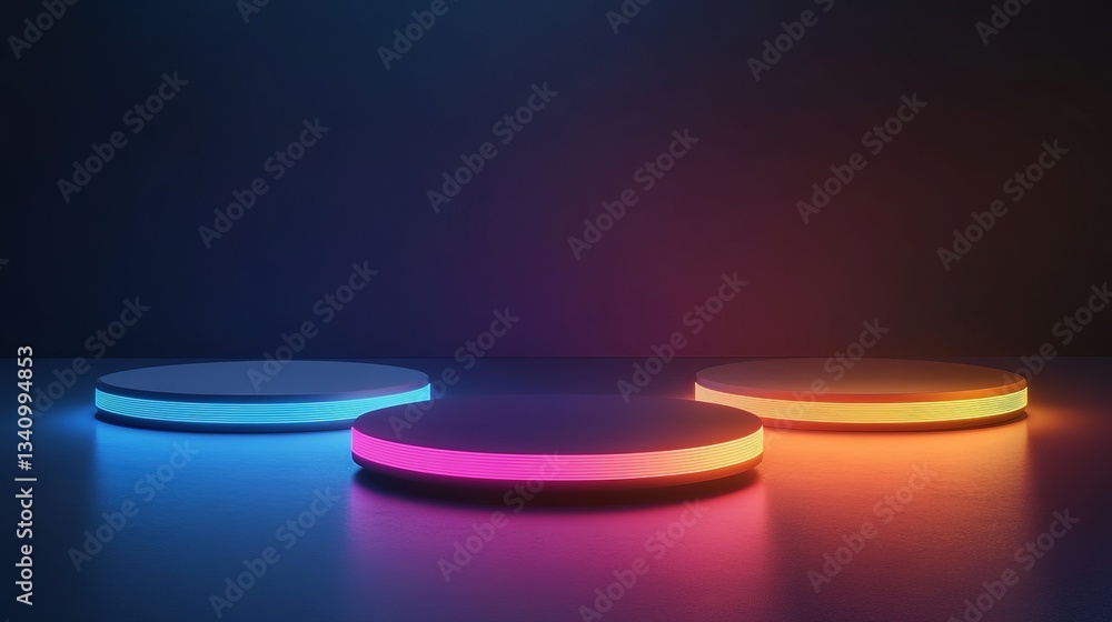 Three empty illuminated podiums showing futuristic design with neon lights. Ai generative Three empty illuminated podiums showing futuristic design with neon lights. Ai generative