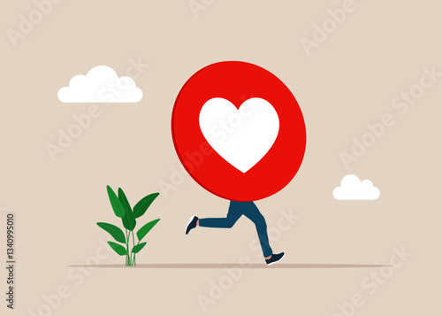 Funny human running a bubble heart shape instead of body. Comment social media messenger, chat comment reactions. Love and satisfaction of the brand. Appreciate the service. Vector