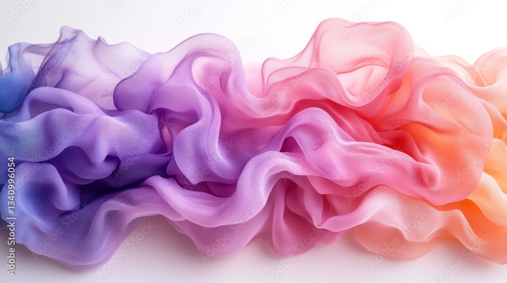 Fototapeta premium Colorful, flowing fabric with ombre effect in purple, pink, and orange shades.