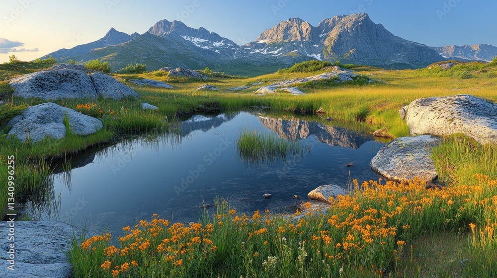 Fototapeta premium Mountain lake reflecting peaks, wildflowers in foreground.
