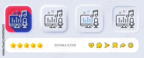 Podcast line icon. Neumorphic, Flat shadow, 3d buttons. Studio mic sign. Voice record microphone symbol. Line podcast icon. Social media icons. Vector