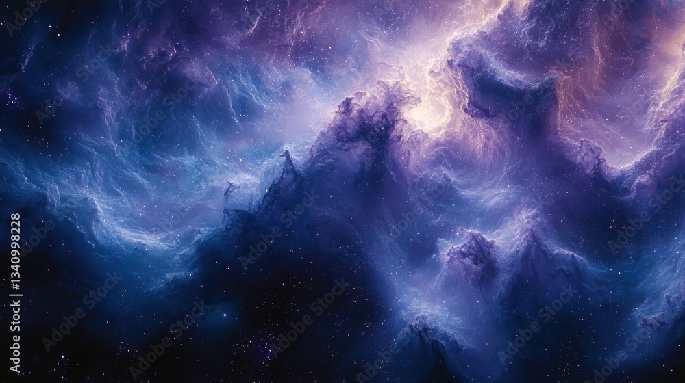 Fototapeta premium Vibrant purple and blue nebula cloudscape in deep space, cosmic dust and stars.