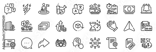 Reject certificate, Lightning bolt and Chemistry lab line icons pack. Share, Message, Paper plane icons. Leadership, Return package, Question bubbles web icon. Vector