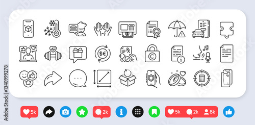 Return package, Smartphone glass and Wish list line icons pack. Social media: share, comment, like icons. Social media, Calculator target, Manual web icon. Dumbbell, Like, Ranking pictogram. Vector