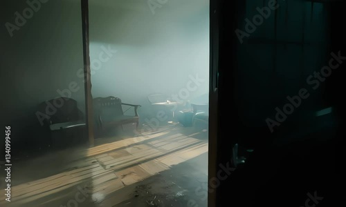 the scene starts then the door opens with a creepy house room, dark with old and dirty rooms, 4k resolution footage, generated ai