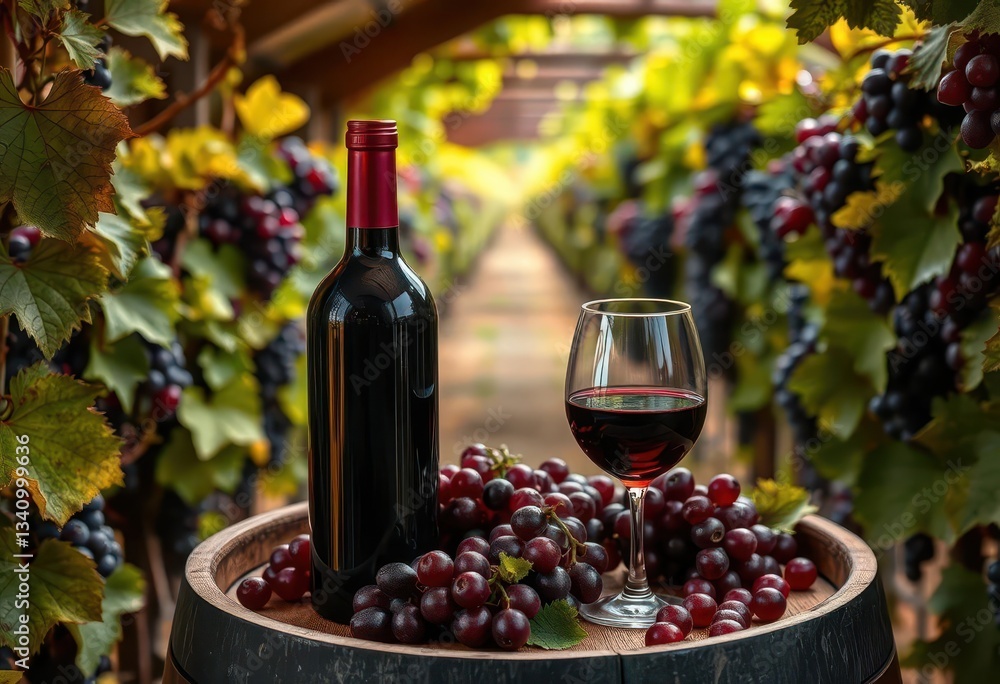 Rich red wine in oak barrel, grapevines background, winemaking, oak