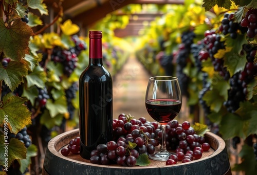 Obraz na płótnie Rich red wine in oak barrel, grapevines background, winemaking, oak w salonie