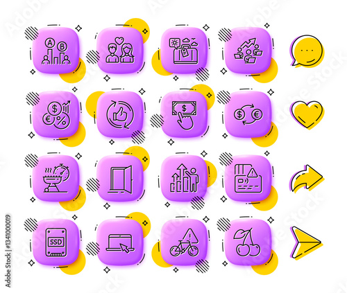 Ssd, Travel luggage and Employee results line icons. App 3d buttons. Social media comment, share, like icons. Pack of Currency exchange, Payment click, Couple love icon. Vector