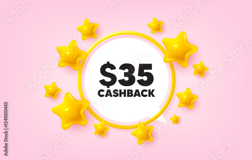 Cashback frame banner. Speech bubble offer. 35 Usd cashback. Money back offer sign. Cash back promo symbol. 3d stars glitter tag. Golden frame banner. Vector
