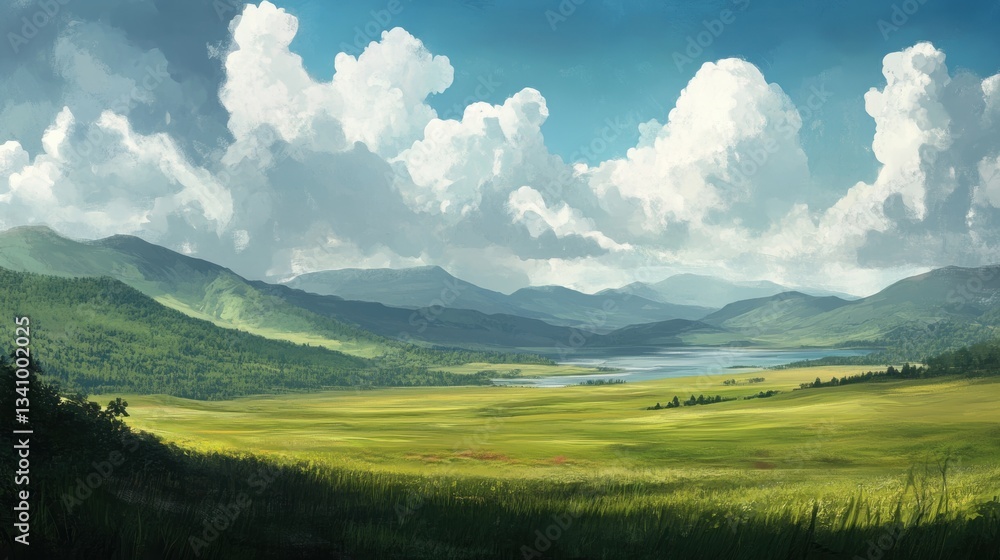 Obraz premium Cloud shadows drift across vast fields and mountains, creating a dynamic landscape in the afternoon light