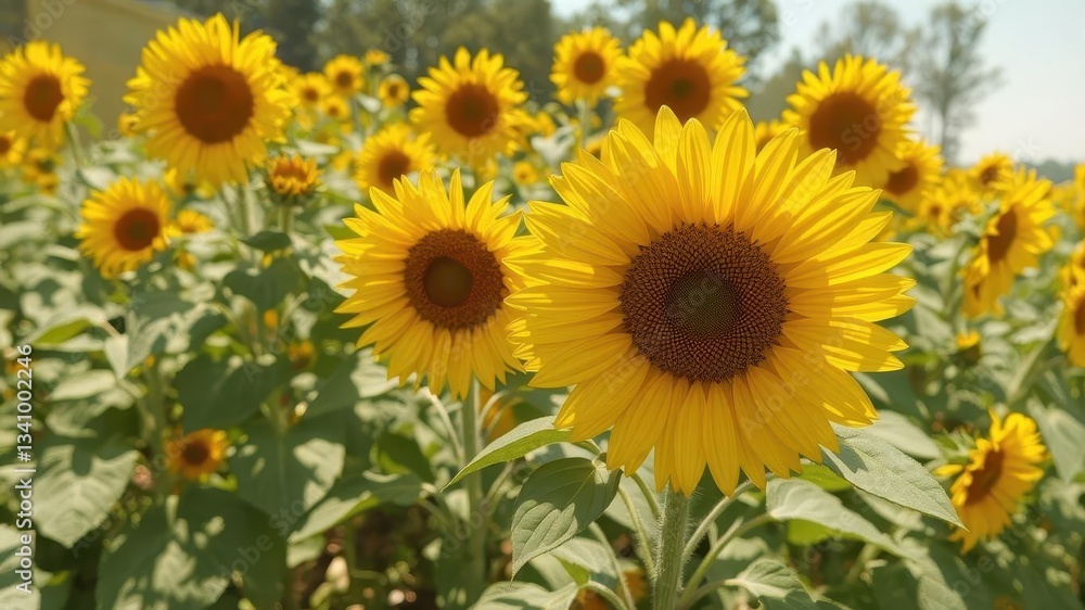 A vibrant yellow sunflower blooms in a sun-drenched field, leaves, close-up, blossom A vibrant yellow sunflower blooms in a sun-drenched field, leaves, close-up, blossom