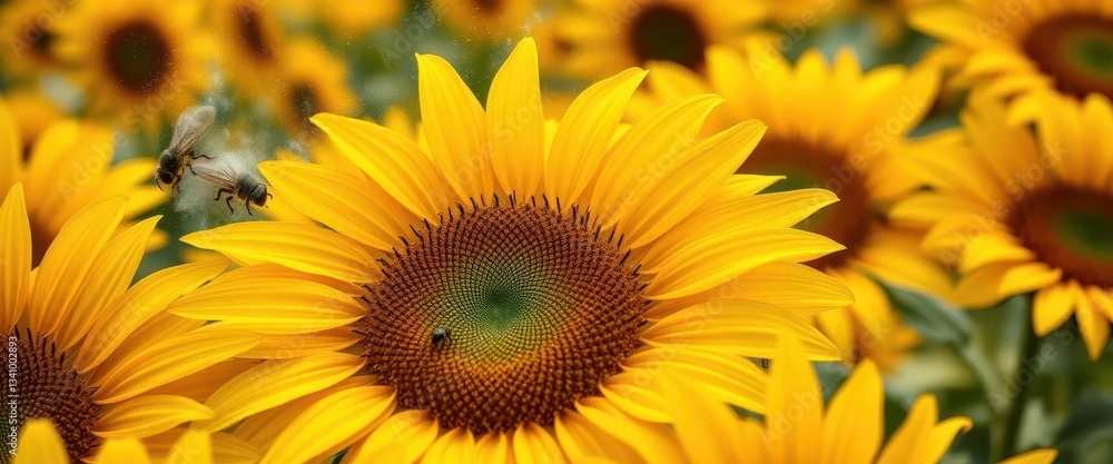 Close-up of vibrant sunflower petals, pollen dusting a field of blooms, vibrant, photography Close-up of vibrant sunflower petals, pollen dusting a field of blooms, vibrant, photography