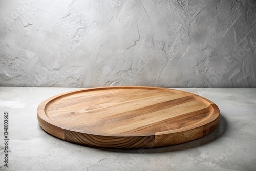 Empty Wooden Pizza Platter on White Concrete Background - Minimalist Flat Lay Food Photography