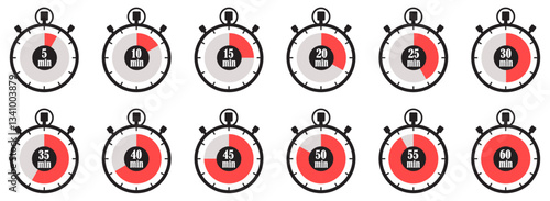 Timers icon set collection. Set of clock icons. Set of stopwatch countdown timers displaying time intervals from 5 to 60 minutes vector illustration. Time and Clock icons set. watch countdown deadline