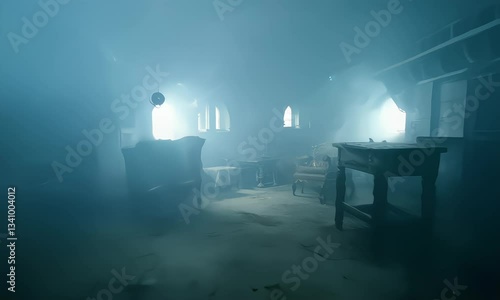 the scene starts then the door opens with a creepy house room, dark with old and dirty rooms, 4k resolution footage, generated ai
