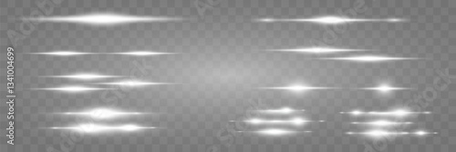 Set of laser beams, horizontal light beams. Glowing white stripes. Light line effect. On transparent background.