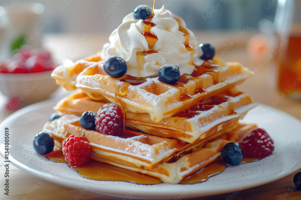 Delicious waffles topped with cream, berries, and syrup
