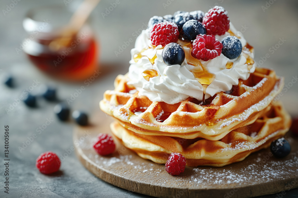 Delicious waffles topped with cream, berries, and syrup